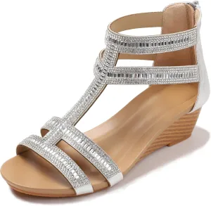 FRALOSHA Wedge Sandals for Women Ankle Strap Rhinestone Sandal Dressy Summer Heel Beach Casual Shoes