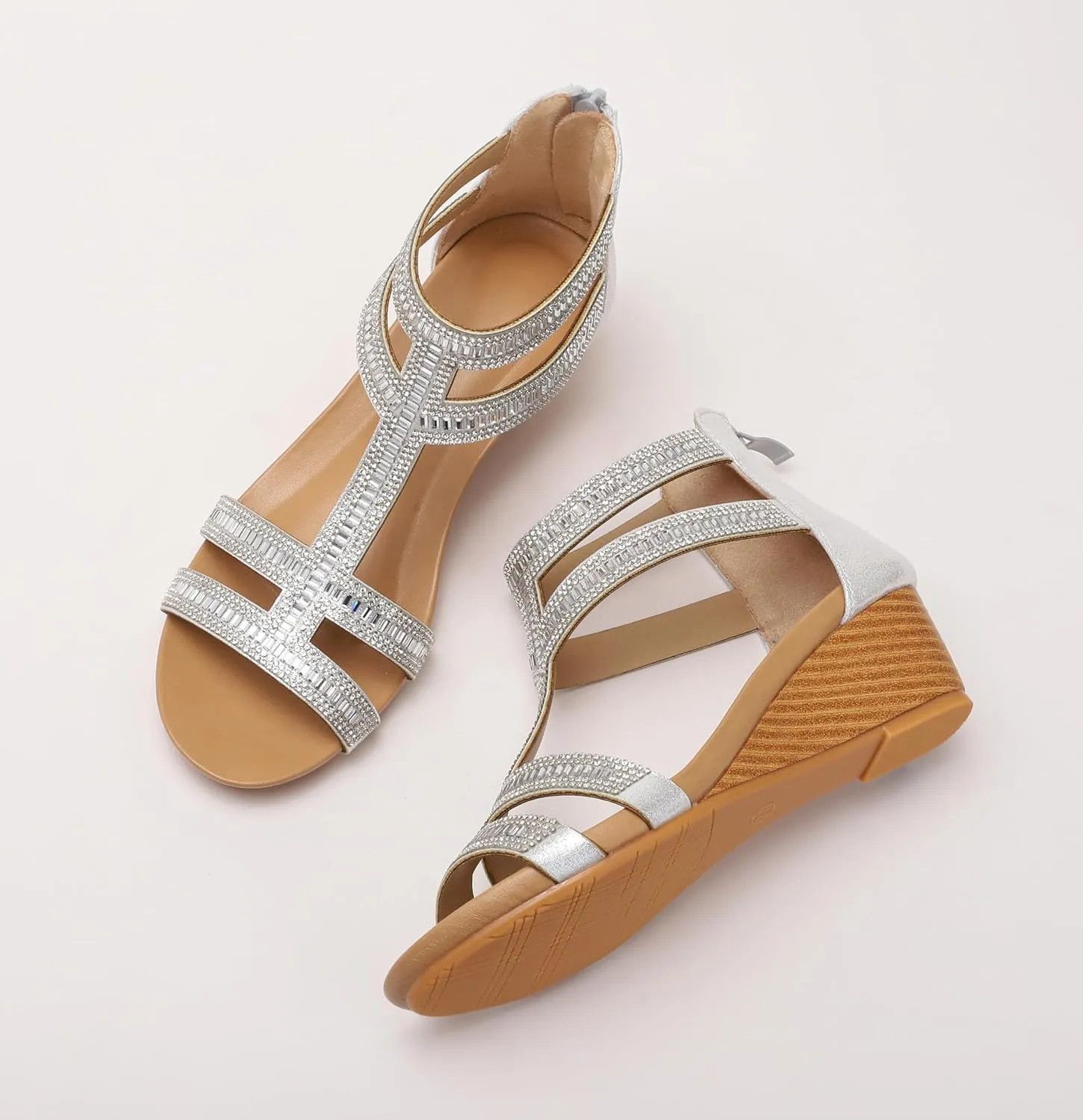 FRALOSHA Wedge Sandals for Women Ankle Strap Rhinestone Sandal Dressy Summer Heel Beach Casual Shoes