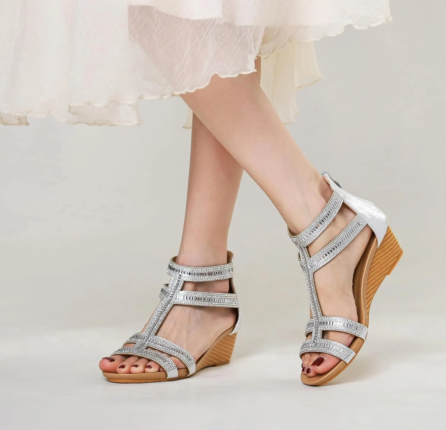 FRALOSHA Wedge Sandals for Women Ankle Strap Rhinestone Sandal Dressy Summer Heel Beach Casual Shoes