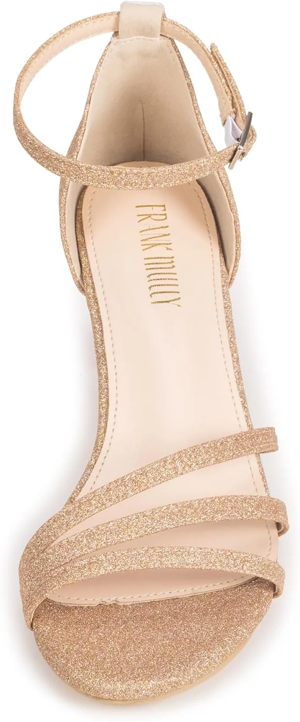 Frank Mully Women's Sparkly Low Kitten Heel Open Toe Sandals Ankle Strap Glitter Bridal Wedding Dress Pump Shoes