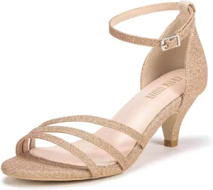 Frank Mully Women's Sparkly Low Kitten Heel Open Toe Sandals Ankle Strap Glitter Bridal Wedding Dress Pump Shoes