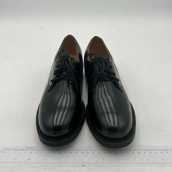 FSJ Black Leather Classic Lace up Oxford Low Heel Round Toe Casual Dress Pu
