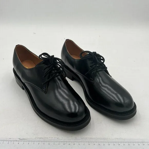 FSJ Black Leather Classic Lace up Oxford Low Heel Round Toe Casual Dress Pu