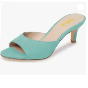 FSJ Turquoise Low Kitten Heel Sandals Mules Peep Toe Slide Slip On Pump Shoes