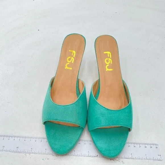 FSJ Turquoise Low Kitten Heel Sandals Mules Peep Toe Slide Slip On Pump Shoes