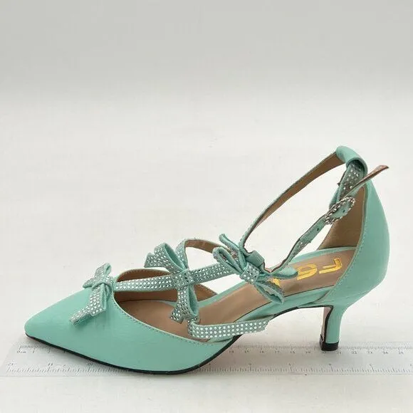 FSJ Women Crystal Bow Gladiator Pump Ankle Buckle Strap Low Kitten Heel Sandals