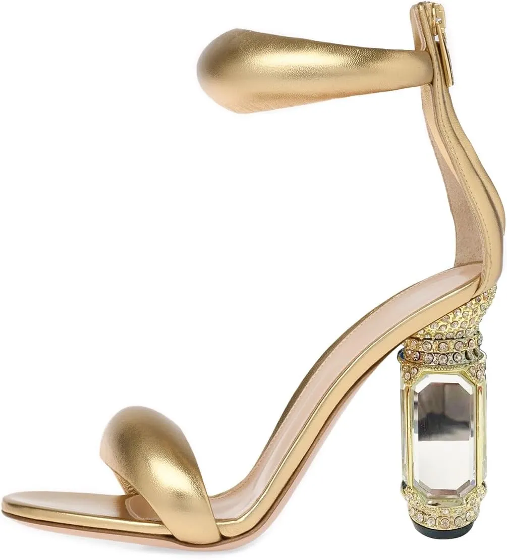 FSJ Women Cute One Strap Heeled Sandals Open Toe Rhinestones Chunky High Heels Back Zipper Summer Party Wedding Evening Dress Pump Shoes Size 4-16 US