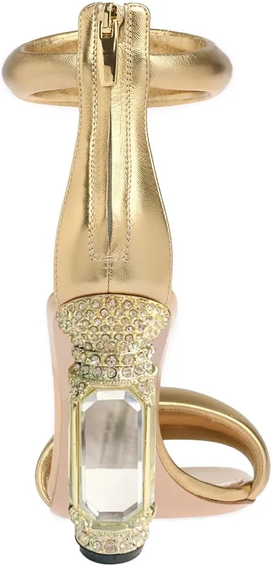 FSJ Women Cute One Strap Heeled Sandals Open Toe Rhinestones Chunky High Heels Back Zipper Summer Party Wedding Evening Dress Pump Shoes Size 4-16 US
