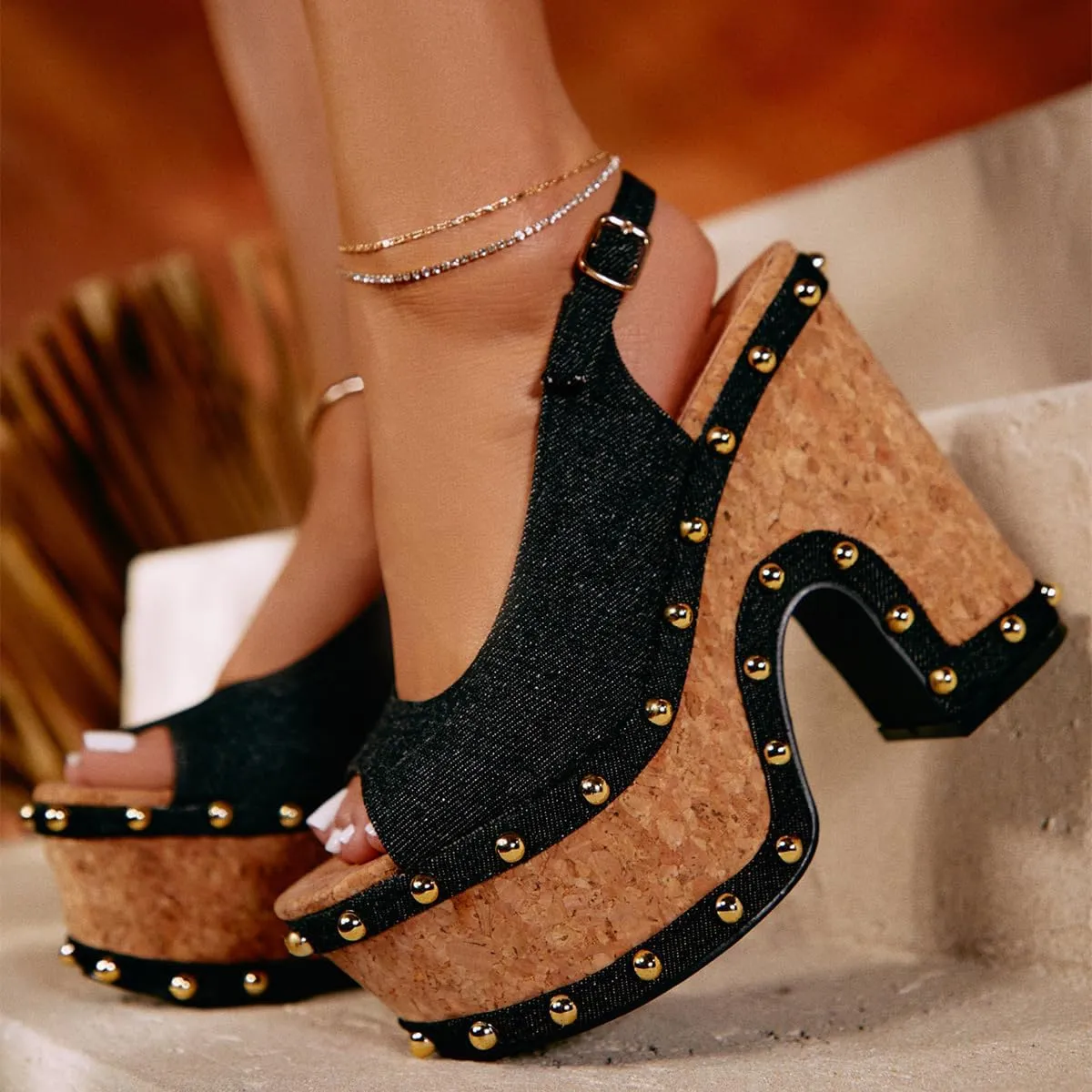 FSJ Women Studded Peep Open Toe Slingback Platform Chunky Heels Sandals Wooden High Heel Adjustable Buckle Wedges Party Wedding Dating Shoes Size 4-16 US