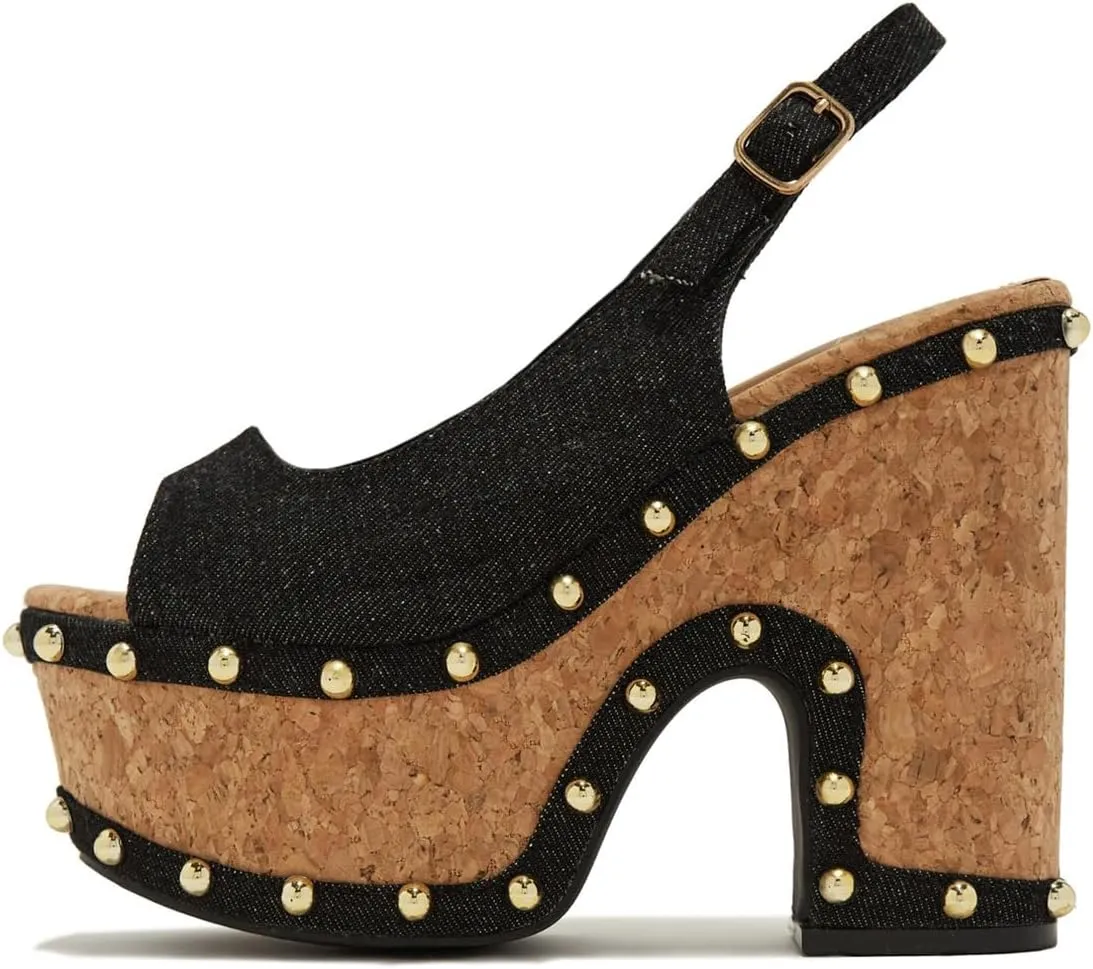 FSJ Women Studded Peep Open Toe Slingback Platform Chunky Heels Sandals Wooden High Heel Adjustable Buckle Wedges Party Wedding Dating Shoes Size 4-16 US