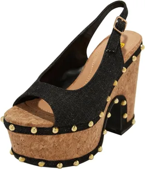 FSJ Women Studded Peep Open Toe Slingback Platform Chunky Heels Sandals Wooden High Heel Adjustable Buckle Wedges Party Wedding Dating Shoes Size 4-16 US