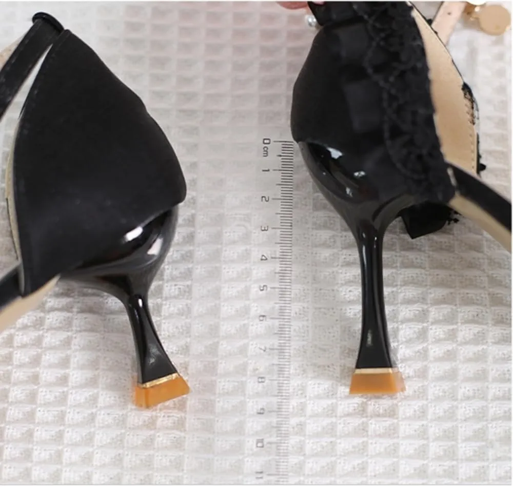 Gothic Lolita High Stiletto Heels Lace Bow Ankle Strap Pump Heeled Sandals Pointed Toe Pumps Lolita Princess Shoes