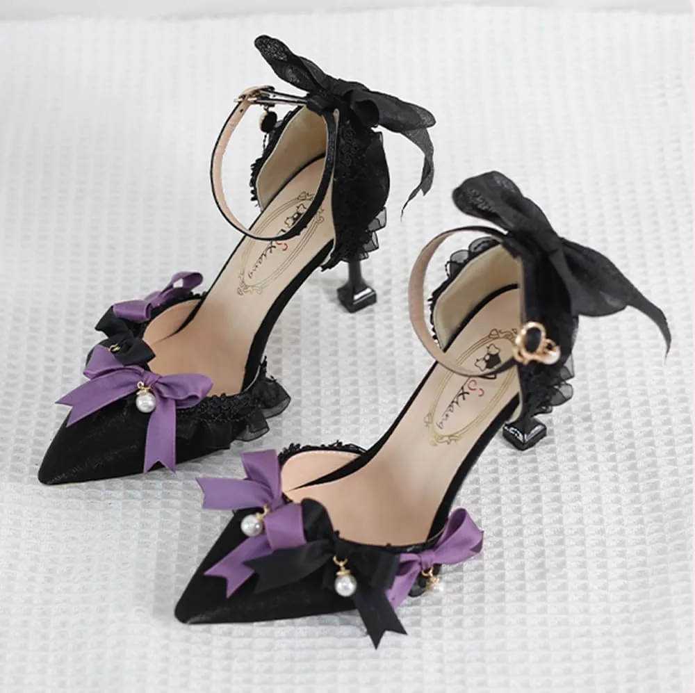 Gothic Lolita High Stiletto Heels Lace Bow Ankle Strap Pump Heeled Sandals Pointed Toe Pumps Lolita Princess Shoes