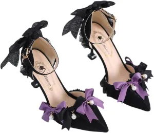 Gothic Lolita High Stiletto Heels Lace Bow Ankle Strap Pump Heeled Sandals Pointed Toe Pumps Lolita Princess Shoes