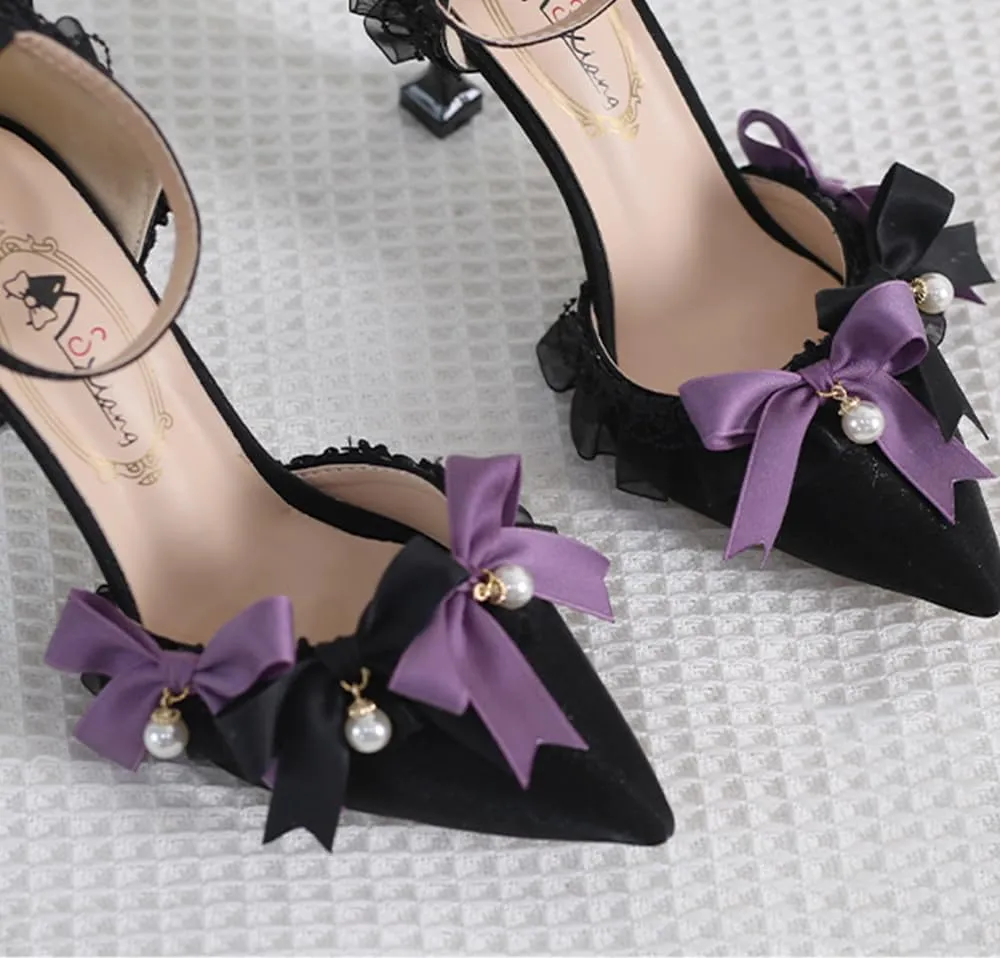 Gothic Lolita High Stiletto Heels Lace Bow Ankle Strap Pump Heeled Sandals Pointed Toe Pumps Lolita Princess Shoes