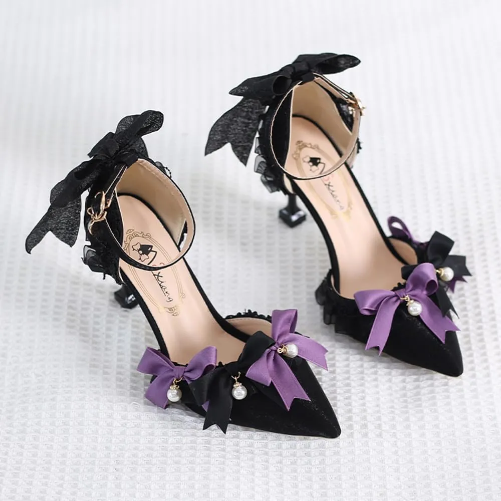 Gothic Lolita High Stiletto Heels Lace Bow Ankle Strap Pump Heeled Sandals Pointed Toe Pumps Lolita Princess Shoes