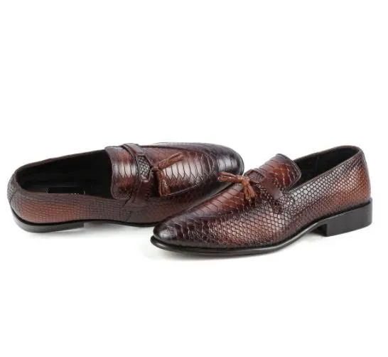 Handmade Shaded Tan Brown Alligator Texture Leather Loafers