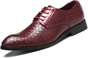 HOOENG Dress Shoes for Men Lace Up Round Toe Plaid Derby Shoes PU Leather Anti-Slip Rubber Sole Slip Resistant Low Top Prom (Color : Red, Size : 9)