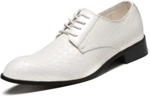 HOOENG Dress Shoes for Men Lace Up Round Toe Plaid Derby Shoes PU Leather Anti-Slip Rubber Sole Slip Resistant Low Top Prom (Color : White, Size : 7)