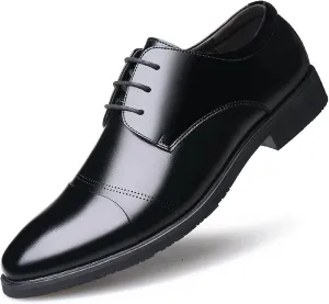 HOOENG Formal Shoes for Men Lace Up Breathable Cap Toe Derby Shoes Cowhide Block Heel Low Top Non Slip Rubber Sole Anti-Slip Party