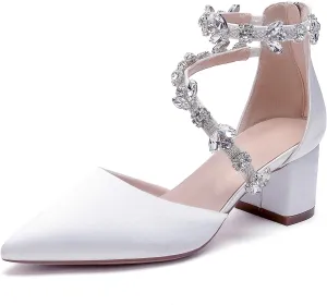 Hyinlays Women's Closed Pointed Toe Block Heel Satin Crystal Wedding Pump Shoes Chunky Low Heel Bridal Prom Heels Sandals