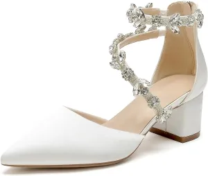 Hyinlays Women's Closed Pointed Toe Block Heel Satin Crystal Wedding Pump Shoes Chunky Low Heel Bridal Prom Heels Sandals