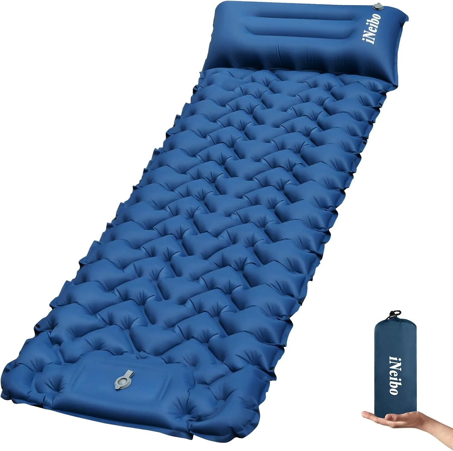 iNeibo Sleeping Pad for Camping - Inflatable Sleeping Pad with Pillow Built-in Foot Pump Compact Camping Air Mattress for Hiking Camping Backpacking Tent Car Traveling (Blue, Single)