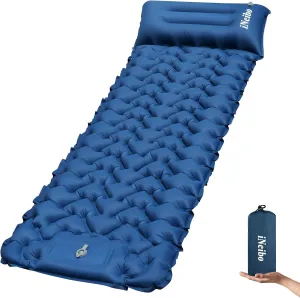 iNeibo Sleeping Pad for Camping - Inflatable Sleeping Pad with Pillow Built-in Foot Pump Compact Camping Air Mattress for Hiking Camping Backpacking Tent Car Traveling (Blue, Single)