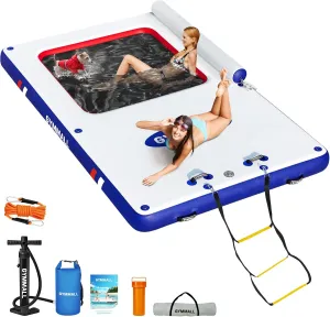 Inflatable Floating Dock, Inflatable Dock Floating Platform with Mesh, Non-Slip EVA Platform and Rope Ladder, Inflatable Water Floating Dock Island Raft for Boats, Pool, Lake, Beach, Ocean