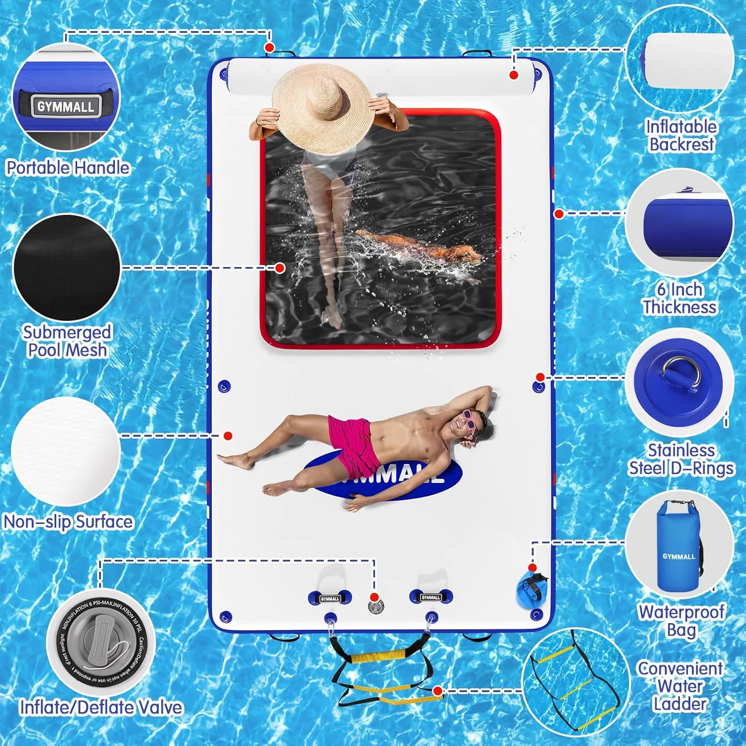 Inflatable Floating Dock, Inflatable Dock Floating Platform with Mesh, Non-Slip EVA Platform and Rope Ladder, Inflatable Water Floating Dock Island Raft for Boats, Pool, Lake, Beach, Ocean