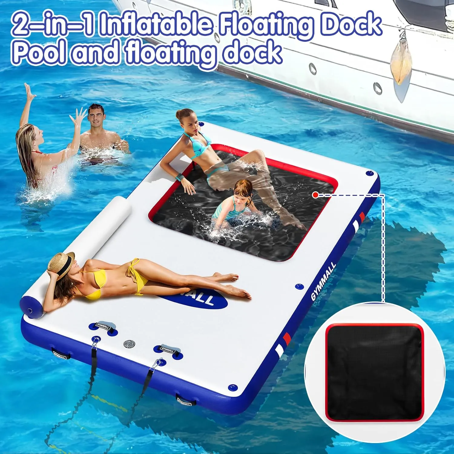 Inflatable Floating Dock, Inflatable Dock Floating Platform with Mesh, Non-Slip EVA Platform and Rope Ladder, Inflatable Water Floating Dock Island Raft for Boats, Pool, Lake, Beach, Ocean