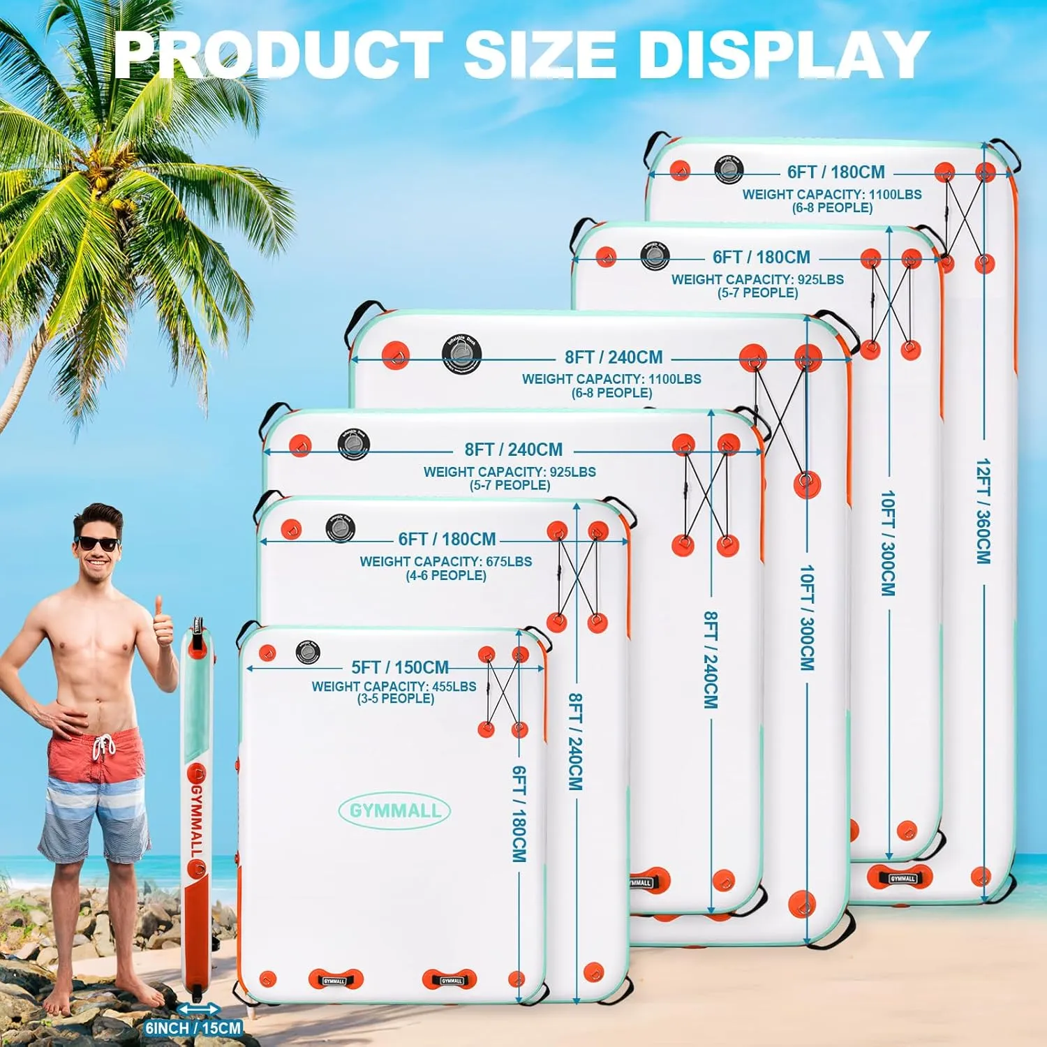 Inflatable Floating Dock Platform, 5FT/ 6FT/ 8FT/ 10FT/ 12FT Air Dock Platform Floating Island Raft with None-Slip Surface, 6in Thick Water Floating Dock Mat for Swimming Pool Lake Beach Ocean