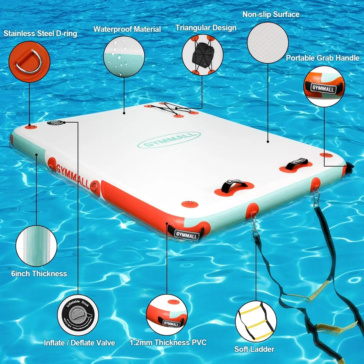 Inflatable Floating Dock Platform, 5FT/ 6FT/ 8FT/ 10FT/ 12FT Air Dock Platform Floating Island Raft with None-Slip Surface, 6in Thick Water Floating Dock Mat for Swimming Pool Lake Beach Ocean