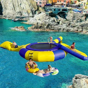 Inflatable Water Lake Trampoline, Inflatable Bounce Swimming Platform with Slide Tube and Diving Pillow Bag, Water Park Water Floating Toys for Adults and Kids