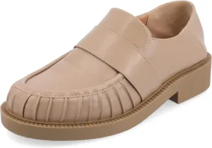 Journee Womens Ruched Lakenn Comfort Foam Slip On Closed Round Toe Crash Back Block Heel Loafer Flats Taupe, 6