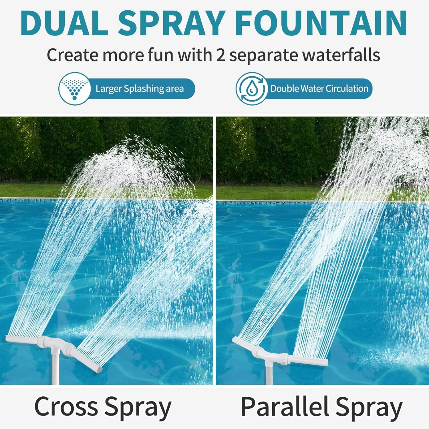 Klleyna Water-Fountain Dual Spray Swimming-Pool-Accessories - Upgrade Above/Inground Waterfall Cooler, Adjustable 2 in 1 Nozzle, High Pressure Pond Aerator, Garden Sprinkle Feature Outdoor Décor