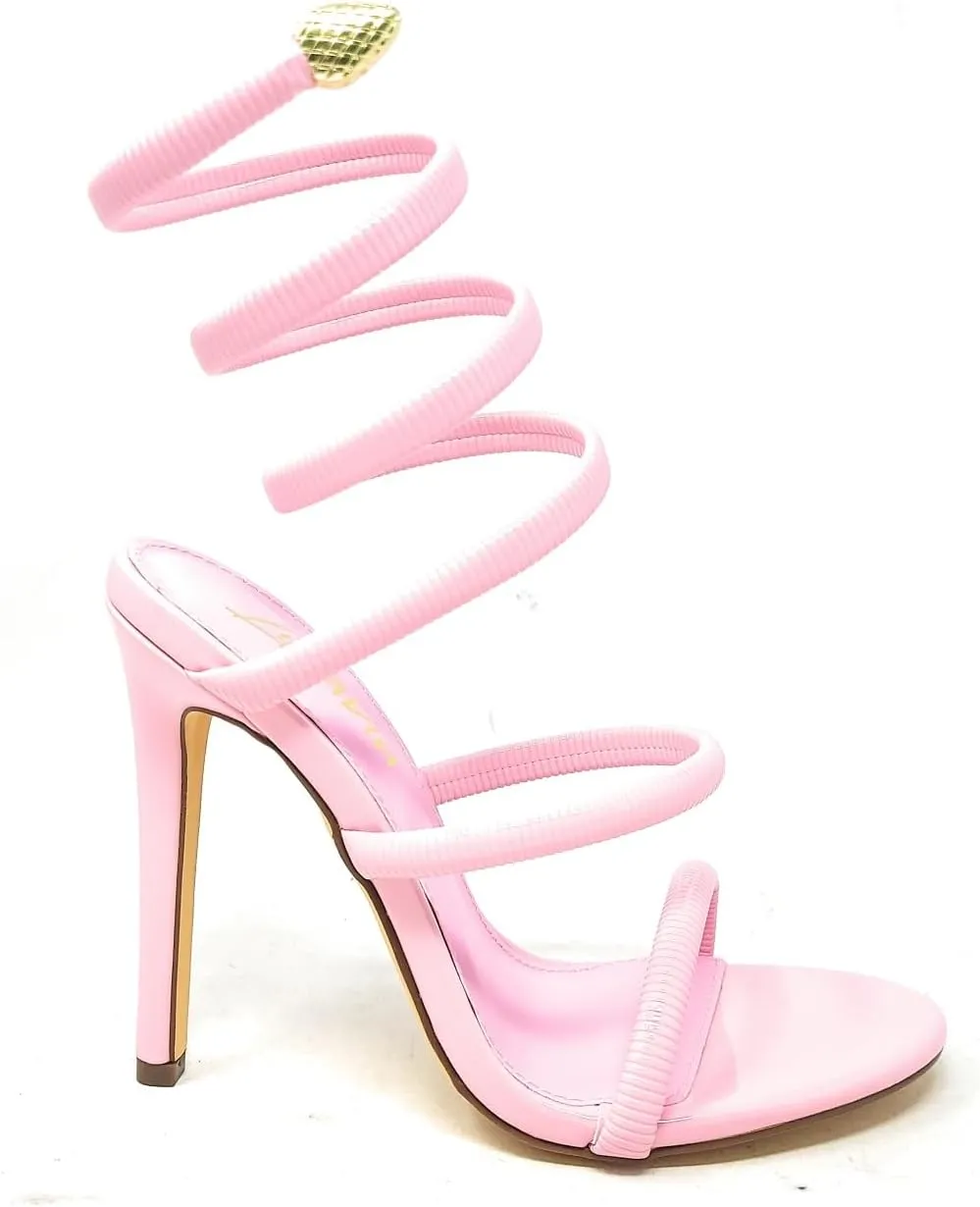 Liliana Nikkia-223 Womens Open Round Toe Leg Spiral Wrap Around Ankle Strap Stiletto Heel Sandal