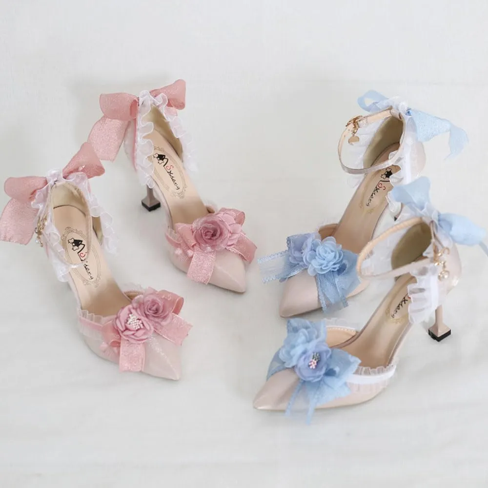 Lolita High Stiletto Heels Lace Bowknot Ankle Strap Pump Heeled Sandals Pointed Toe Pumps Women Tea Party Shoes