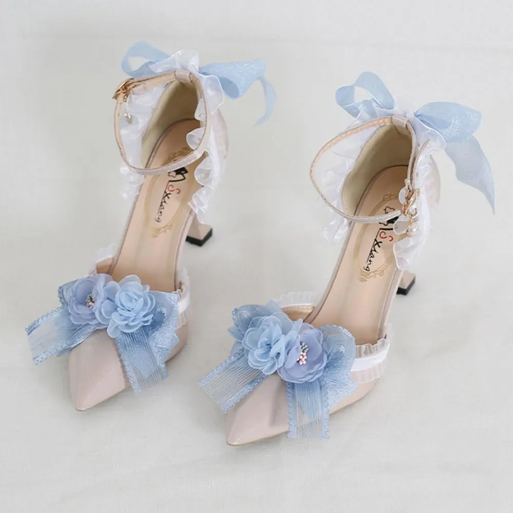 Lolita High Stiletto Heels Lace Bowknot Ankle Strap Pump Heeled Sandals Pointed Toe Pumps Women Tea Party Shoes