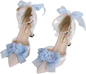 Lolita High Stiletto Heels Lace Bowknot Ankle Strap Pump Heeled Sandals Pointed Toe Pumps Women Tea Party Shoes