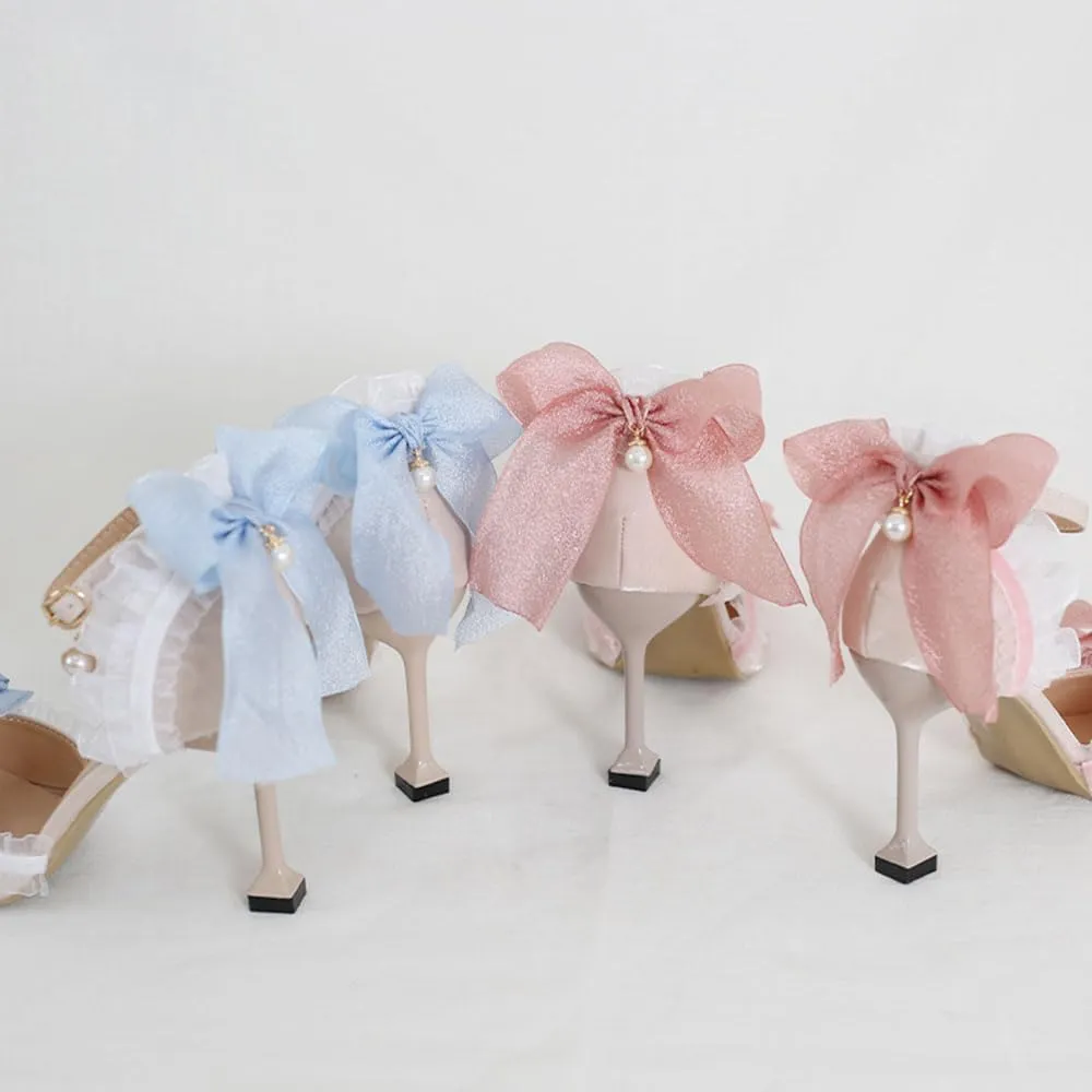 Lolita High Stiletto Heels Lace Bowknot Ankle Strap Pump Heeled Sandals Pointed Toe Pumps Women Tea Party Shoes