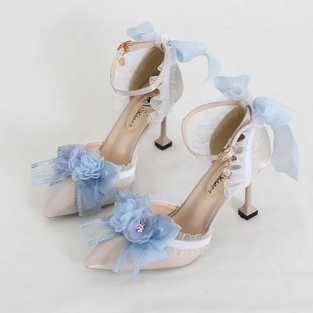 Lolita High Stiletto Heels Lace Bowknot Ankle Strap Pump Heeled Sandals Pointed Toe Pumps Women Tea Party Shoes