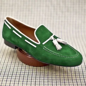 Men's Hand Made Green Color Loafer & Slip Ons Suede Real Leather Shoes