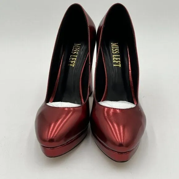 miss left Wine Low Platform High Chunky Heeled Slip On Closed Round Toe Pump Ele