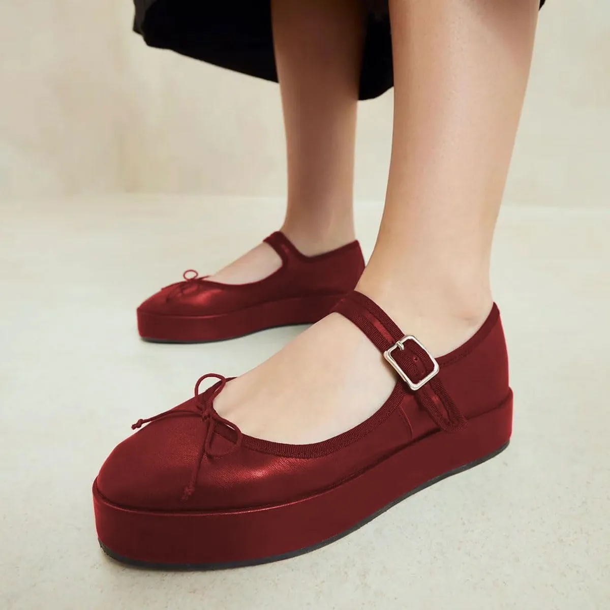 miss left Women Classic Platform Heel Closed Round Toe Mary Jane Flats Bows Strap Buckle Pumps Comfy Dance Party Shoes Size 4-16 US