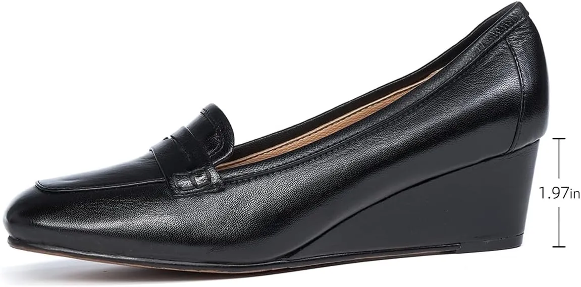 Mona flying Women's Leather Closed Toe 2 inches Wedges Pumps Square Toe Comfortable Heeled Office Work Dress Shoes for Ladies