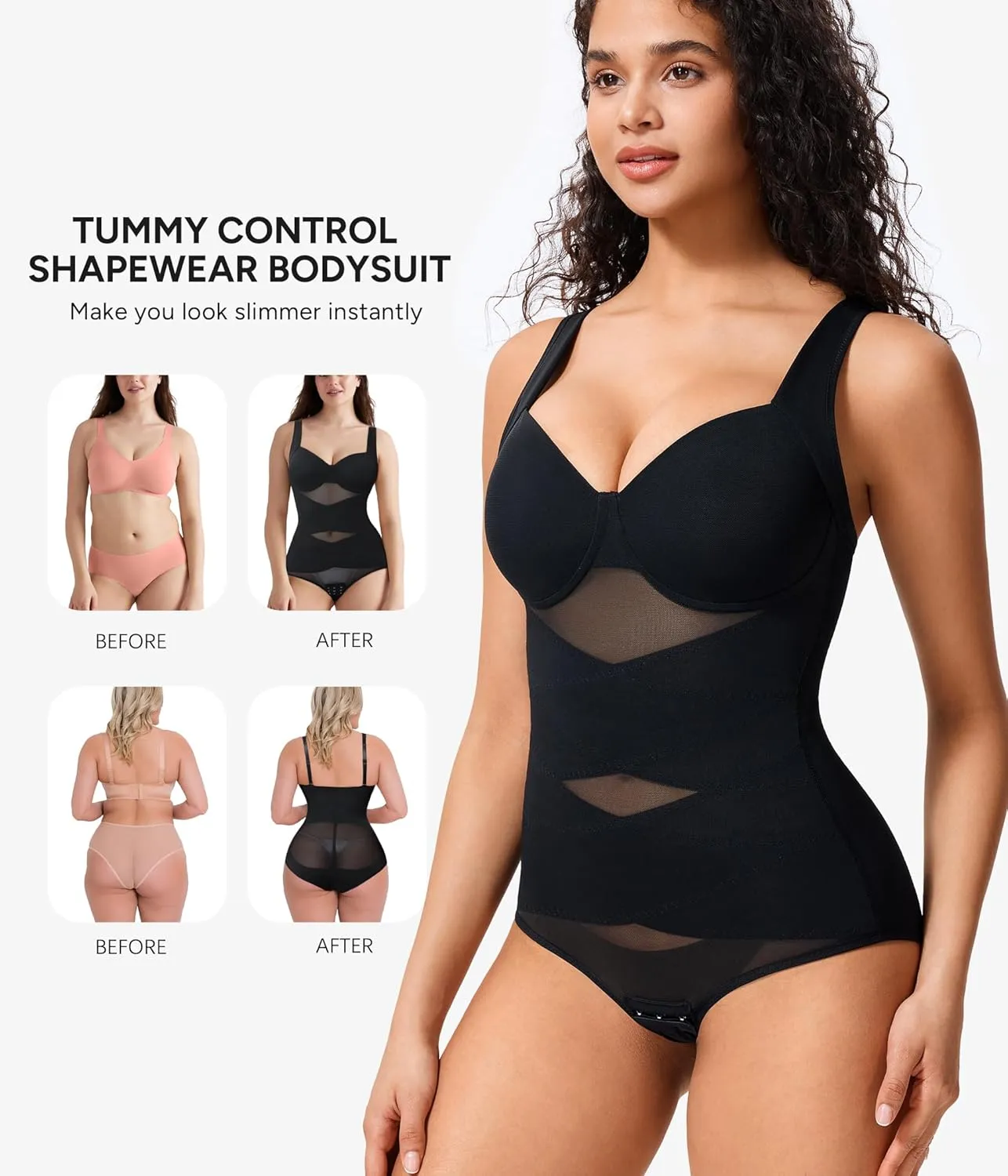 Nebility Shapewear Bodysuit for Women Tummy Control Waist Trainer Backless Body Shaper V-Neck with Built in Bra