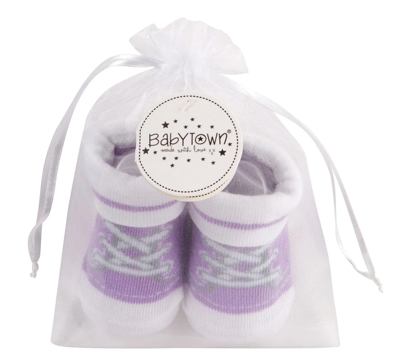Newborn Baby Unisex Socks Booties Trainer Style With Organza Bag  Purple