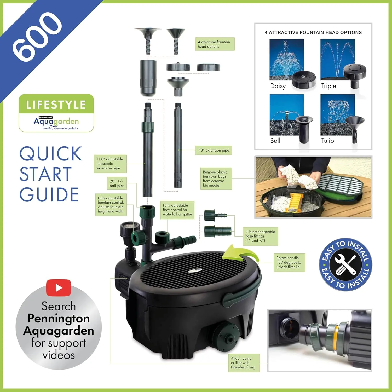 Pennington Aquagarden, Inpond 5 in 1 Pond & Water Pump, Filter, UV Clarifier, LED Spotlight and Fountain, All in One solution for a Clean, Clear, and Beautiful pond, for Ponds up to 600 Gallons