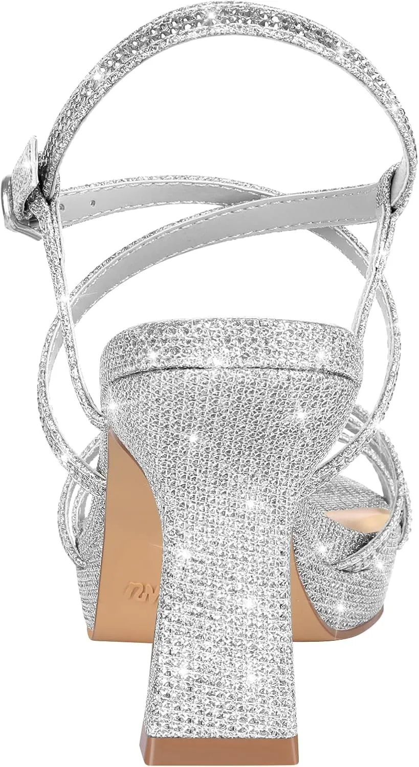 PIZZ ANNU Women's Stellora Platform High Heels Block Chunky Strappy Sparkly Rhinestone Open Toe Ankle Strap Dress Pump Sandals Shoes for Party Wedding